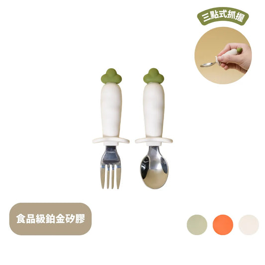 黃色小鴨 鉑金矽膠316不鏽鋼學習蘿蔔湯叉組