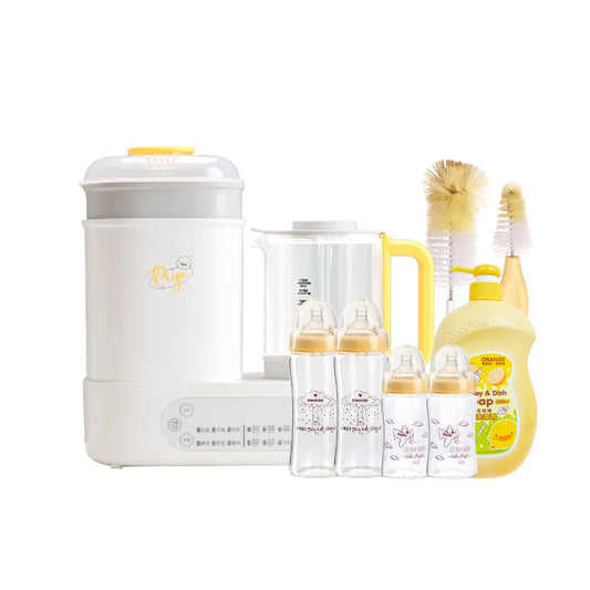 黃色小鴨 多功能調乳消毒鍋媽咪乳感玻璃寬口奶瓶組(2大2中+清潔組)