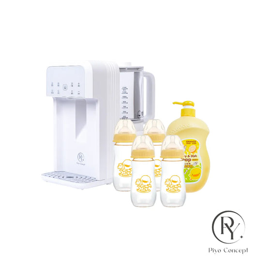 黃色小鴨 淨・無限調乳機媽咪乳感厚質玻璃寬口奶瓶組(4大+奶瓶清潔劑) (1月底發貨)